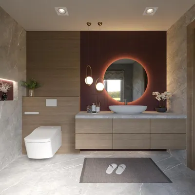 This modern bathroom render showcases a warm and inviting design, combining wood-look panels with marble-style tiles. The backlit circular mirror adds a touch of sophistication and provides excellent task lighting, while the floating vanity enhances the sense of space.