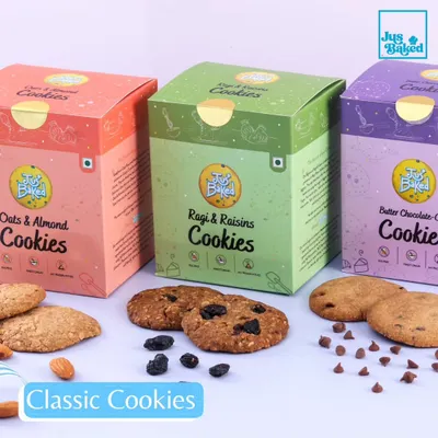 Our range of classic cookies, including Oats & Almond, Ragi & Raisins, and Butter Chocolate-Chip. They are made with wholesome ingredients and contain no preservatives.