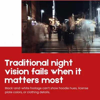 Traditional black-and-white night vision often fails to capture critical details. This visual explains the limitations, where important identifiers like clothing color or vehicle details are lost in monochrome footage.