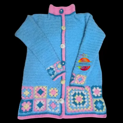 A cozy and colorful long cardigan made with a mix of stitches. The body is a simple, warm stitch in light blue, while the cuffs and hem are decorated with vibrant granny squares in pink, yellow, and blue.