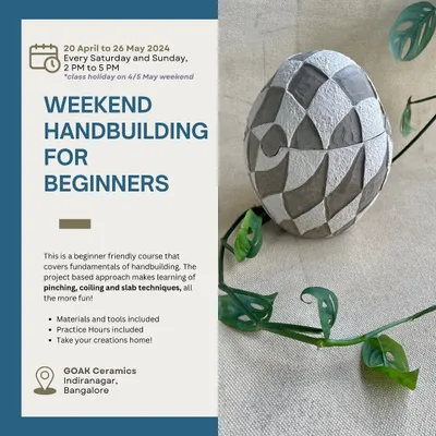 Our weekend hand-building course for beginners is a project based approach covering pinching, coiling, and slab techniques. This poster shows a beautiful lidded piece made by a student.