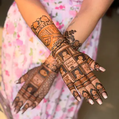 A perfect example of a baby shower mehendi, with a grid of adorable baby-related motifs and a "Coming Soon" announcement.