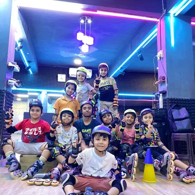 The whole crew together. Group photos like this capture the energy and friendship that defines our skating classes.