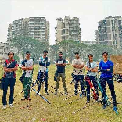 A group photo of our Drona archers at the training ground. This mix of recurve and compound archers represents the diverse and dedicated community we've built.