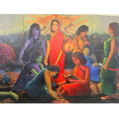 A full view of my large-scale triptych, 'Contribution of tribes in contemporary art.' This piece uses multiple figures, some with the woven texture, to narrate a story of community, knowledge, and resilience against a backdrop of collective history.