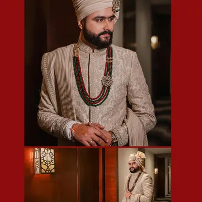 A collage of the groom in his elegant striped sherwani. We capture both full-length shots to show the complete outfit and close-ups that highlight his confident demeanor.
