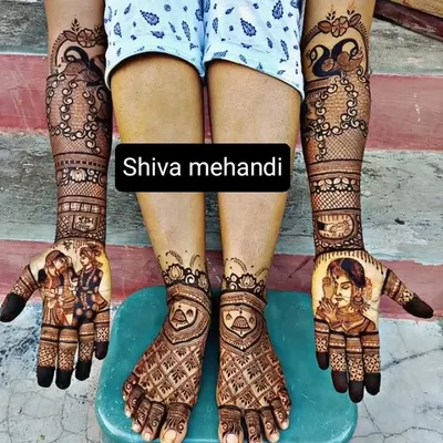 A complete bridal mehendi set for both hands and feet. The design features couple portraits on the palms and matching intricate patterns on the feet for a unified look.