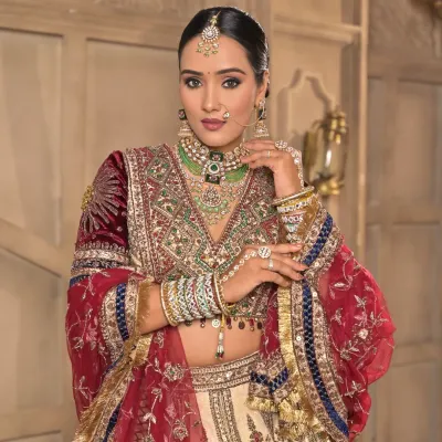 A regal bridal portrait. The makeup features rich tones on the eyes, a flawlessly sculpted base, and a velvety lip color, creating a look of pure elegance and grace.