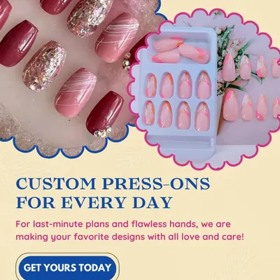 Get your favorite nail designs ready for any occasion with my custom handmade press-on nails. This graphic showcases a variety of designs, from glittery and bold to soft and elegant, all available to be made just for you.
