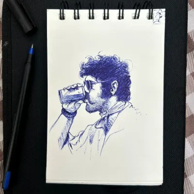 This is my go-to style for a classic, raw sketch. The entire piece is done with a single blue ballpoint pen, using line work and shading to create depth and character.