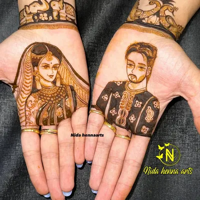A realistic bride and groom portrait design, with each figure taking center stage on one palm. I focus on capturing the details of the wedding attire and the couple's expressions.