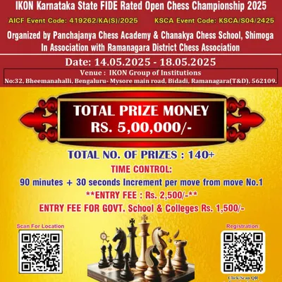 The official announcement for the IKON Karnataka State FIDE Rated Open Chess Championship 2025. This event, with a Rs. 5,00,000 prize fund, is a testament to my experience in hosting major state-level FIDE rated chess competitions.