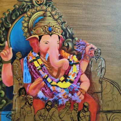 A commissioned painting of Lord Ganesha, rendered in acrylic on canvas. The piece combines a colorful, fully painted depiction of the deity with surrounding line work, showing the blend of finished art and initial sketch.