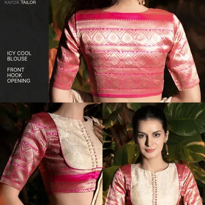 This brocade silk blouse features a unique front hook design with a contrasting panel, creating a silhouette that is both traditional and modern. It's a piece that knows how to turn heads.