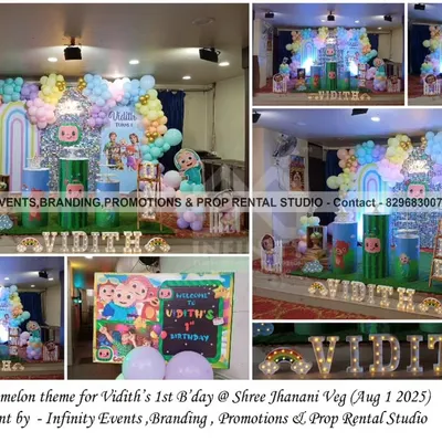 A colorful and detailed Cocomelon theme for Vidith's first birthday. This setup features a pastel balloon arch, character cutouts, themed cylinder tables, and a personalized welcome board, creating a complete party experience.