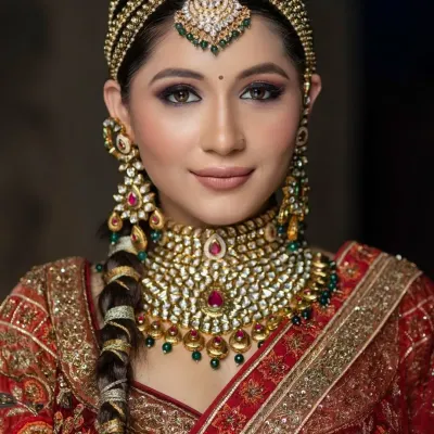 A truly regal bridal portrait. The elaborate matha patti, statement necklace, and smokey eye makeup come together to create a look of pure royalty.