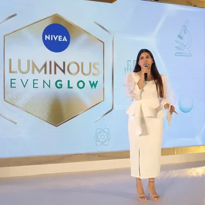 On stage for the Nivea Luminous Evenglow launch. The clean, elegant stage design perfectly matched the brand's aesthetic.