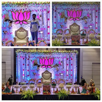 This collage showcases a complete baby shower setup with a lotus-themed backdrop, a royal throne, and an extensive 'seer' table display. The vibrant lighting and traditional elements like peacock statues bring the whole theme together.
