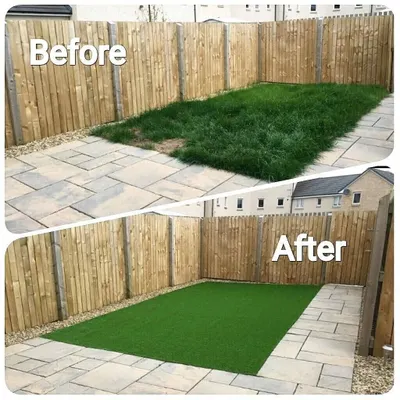 Before and after. I transformed this patchy yard into a perfect, evergreen lawn using artificial grass. No more mud, no more mowing.