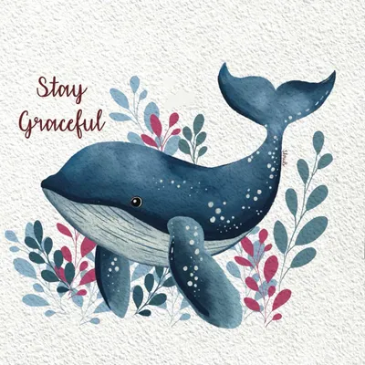 A digital watercolor illustration of a graceful blue whale surrounded by colorful sea plants. The 'Stay Graceful' quote adds a gentle, inspiring message to this ocean-themed artwork.