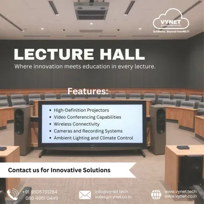 This is an example of a fully automated lecture hall we delivered. The solution includes high-definition projectors, video conferencing for remote participation, integrated cameras for recording lectures, and centralized control for ambient lighting and climate, creating an optimal learning environment.