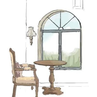 Every project begins with a story, often as a simple line on paper. This initial sketch for a corner at Echoes captures the vision of a warm, inviting nook with an arched window, which we later brought to life.