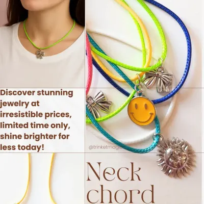 My Neck Chord Collection is all about adding color and charm to your look. This collage shows the variety of bright cords and cute charms like smileys, bows, and suns that you can choose from.