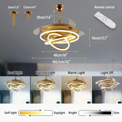 This graphic explains all the features of our fan chandelier. It shows the dimensions, the remote control, and the different light settings from cool to warm, as well as the dimming function.