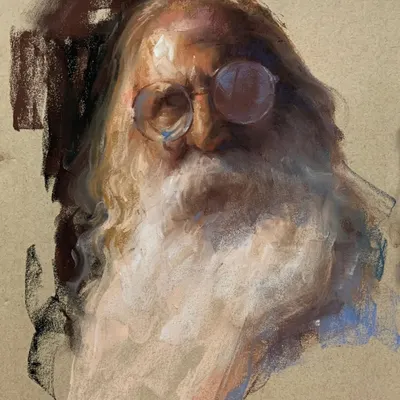 A study of an old man with a beard, done in soft pastels. I focused on the reflection in his glasses and the texture of his beard, using layers of color to create depth and rhythm.