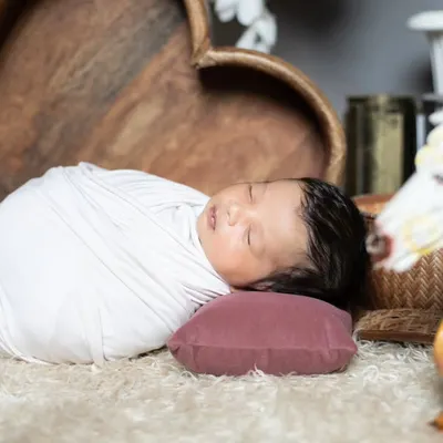 A classic newborn portrait, with the baby swaddled in white and sleeping peacefully on a soft rug. Simple, pure, and timeless.