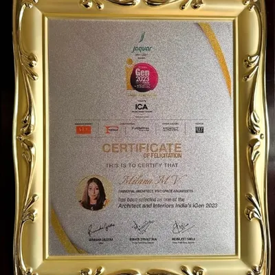 The official Certificate of Felicitation, elegantly framed, marking our inclusion in the iGen Top 50 under 40 list for 2023. This award serves as a constant reminder of our commitment to bold ideas and timeless design.