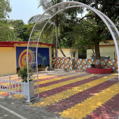 A view of our landscape transformation at INS Tanaji, the Indian Naval Station in Mankhurd. We introduced colorful paving, murals, and new plantings to create a bright and cheerful recreational area for the naval staff.