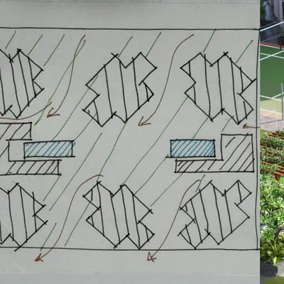 This is the original concept sketch for the Solaris project. The drawing illustrates our initial idea for angling the towers at 45 degrees to maximize cross ventilation and airflow throughout the complex, a core principle that defined the final design.