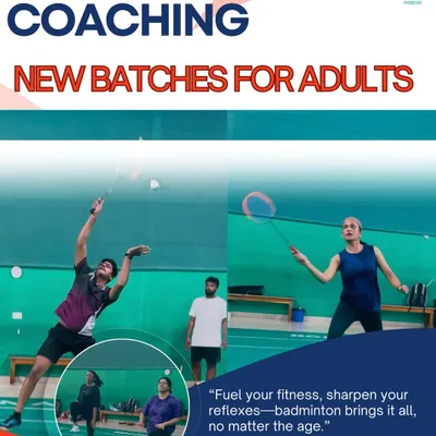 I offer specialized badminton coaching for adults. This poster highlights our new batches, designed for players looking to improve their fitness and master the sport.
