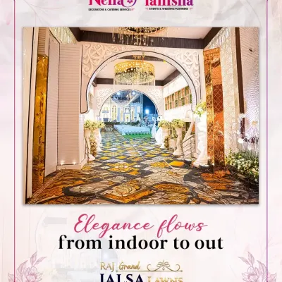 Elegance flows from indoor to out at our Raj Grand Jalsa Lawns. We designed this grand arched entrance with a patterned floor and intricate detailing to create a seamless and luxurious transition for guests.
