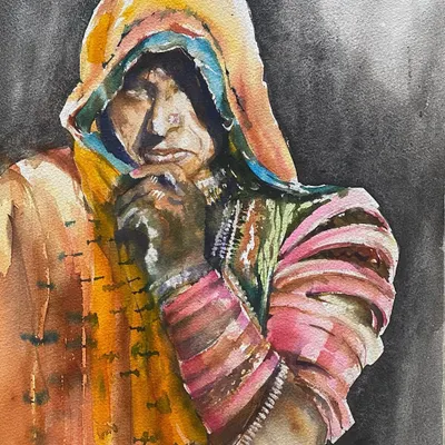 A close up view of my watercolor portrait titled 'The Indian Beauty'. This piece is from my series on Rajasthani women, focusing on their traditional attire and dignified presence.