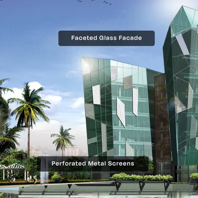 A render of our diamond-inspired facade concept, highlighting the faceted glass and perforated metal screens. These elements are designed to play with light and reflection, creating a dynamic building exterior.