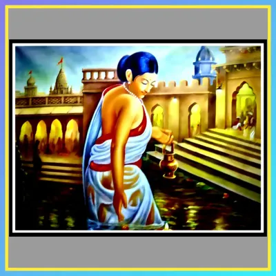 A serene painting of a woman at a ghat, performing a ritual. This piece captures a quiet, spiritual moment in a traditional Indian setting.