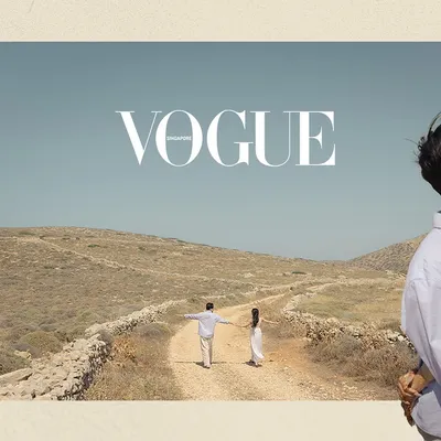 Our work featured in Vogue Singapore, showcasing Mia and Kavin's stunning multicultural wedding in the Greek isles. This image captures the epic, windswept landscape that served as their backdrop.