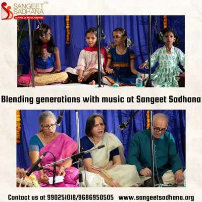 Music bridges generations at Sangeet Sadhana. This image from our last concert captures students of all ages, from young children to senior learners, sharing the stage and shedding their inhibitions to sing their hearts out.