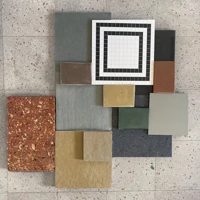 This material palette exploration for our 'Organic Square' project showcases our love for natural, earthy materials. We combine different stones, tiles, and textures to create a vibrant and complementary palette that tells the story of the space.