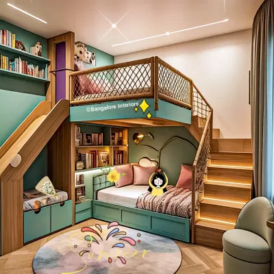 A dream come true for any child, this custom bunk bed features a slide, stairs with built-in storage, and a cozy reading nook underneath. The playful design and vibrant colors create a fun and imaginative space.