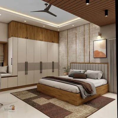 A modern master bedroom featuring a floor-to-ceiling wardrobe with a built-in window seat. The combination of wood and neutral tones, along with a textured accent wall behind the bed, creates a warm and sophisticated retreat.