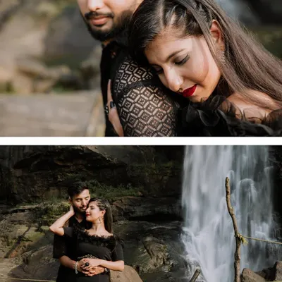 A collage showcasing a romantic couple's shoot against a breathtaking waterfall. The images capture both tender close-ups and wider shots that emphasize the grand scale of the natural scenery, creating a powerful love story.