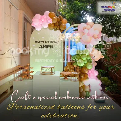 This personalized balloon setup for Ammu's birthday showcases a beautiful pastel organic garland. It demonstrates how we can craft a special ambiance for any celebration, big or small.