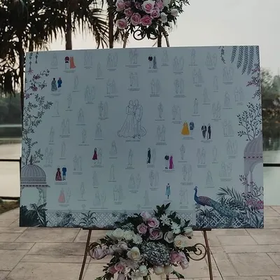 What if every guest was illustrated on a canvas? We loved creating this one-of-a-kind guest book for Sudhira and Prajwal, where guests could find and color their own illustration, creating a beautiful keepsake.