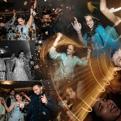 A collage capturing the peak of a Sangeet party. From the couple's grand entrance under a shower of confetti to the wild energy on the dance floor, we document it all.