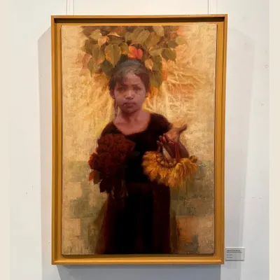 My painting "Hope of Innocent Flowers" on display after receiving the Kalanand Award. This piece is a metaphor for the aspirations of slum children, using flowers as a symbol of their potential.