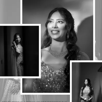 A black and white collage celebrating the bride. It combines several portraits to create a story of her grace and elegance, proving that every bride is a queen.