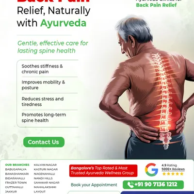 This graphic illustrates how our Ayurvedic treatments provide natural and lasting relief for back pain. We focus on soothing stiffness, improving mobility and posture, and promoting long-term spine health, making us a trusted back pain treatment center in Bangalore.